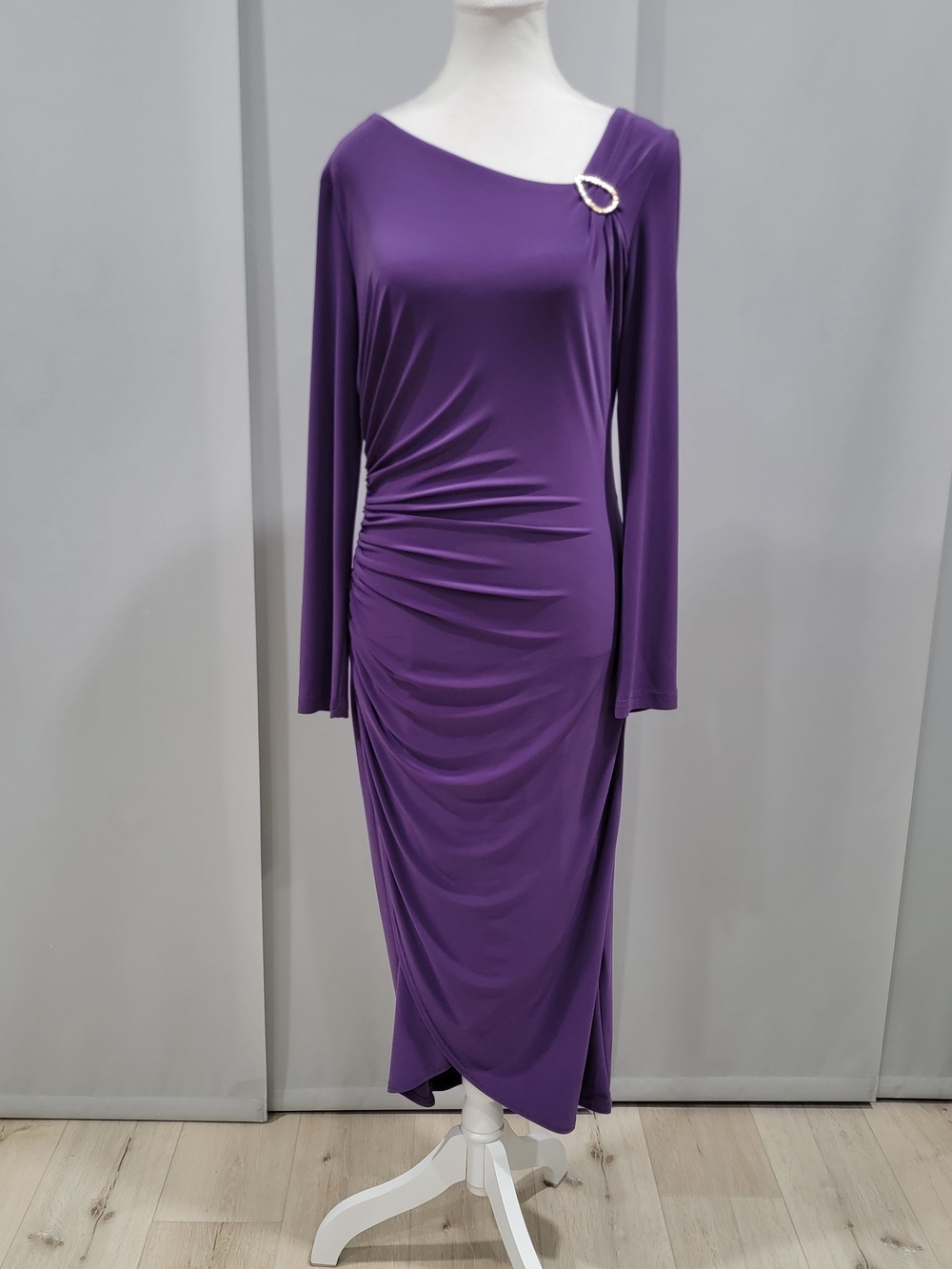 Joseph Ribkoff Purple Long-Sleeve Ruched Sheath Dress with Brooch